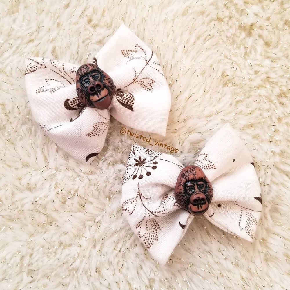 Handmade Girls Gorilla Mini Hair Bow Set Bobby Pin Brown Floral Bows